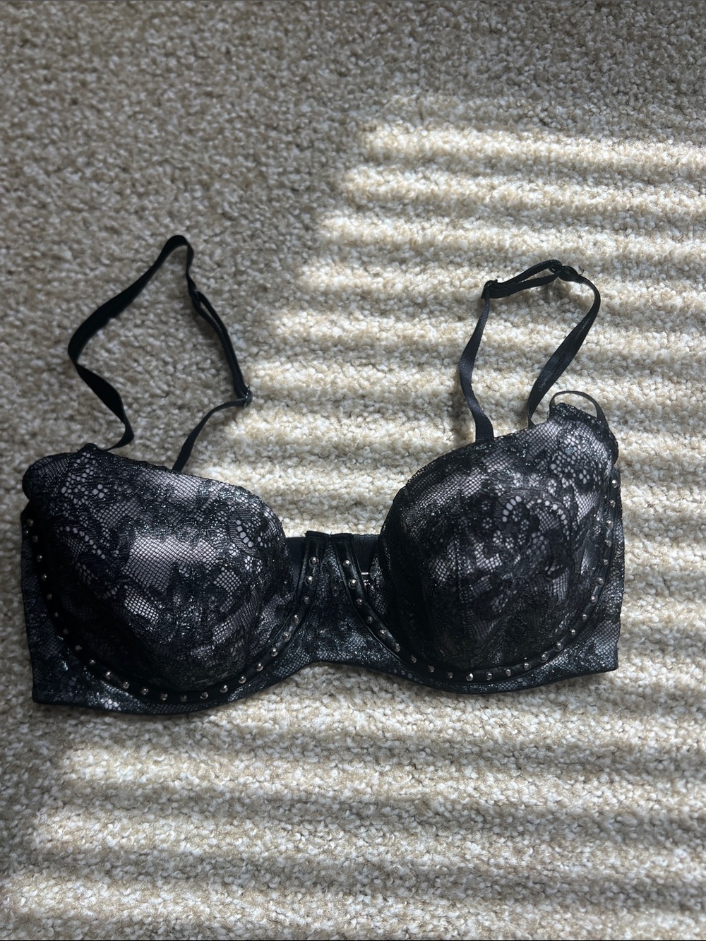 Black Lace Push-Up Bra with Stud Detail